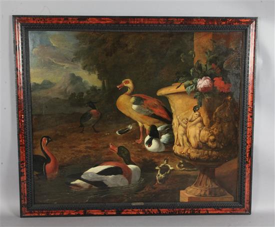 Wilhem Frederik van Royen (1645-1723) Ducks and chicks beside an urn, landscape beyond 38 x 46in., tortoiseshell framed